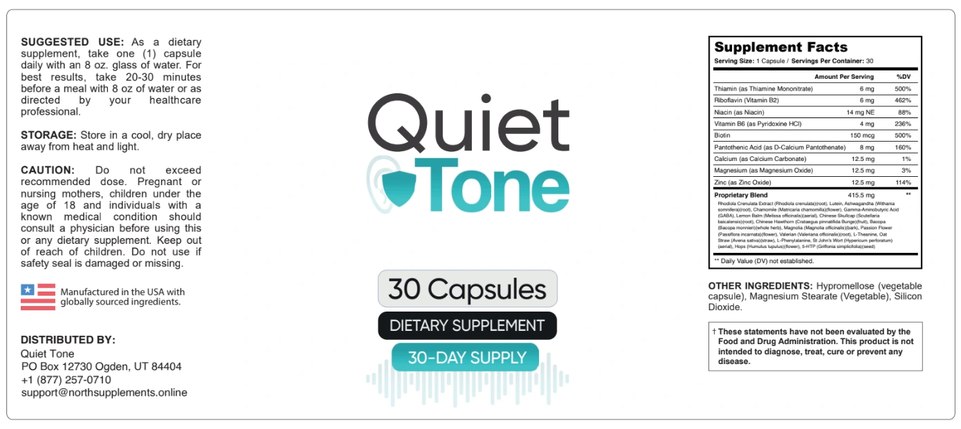 The flat Quiet Tone label artwork showing the Supplement Facts panel